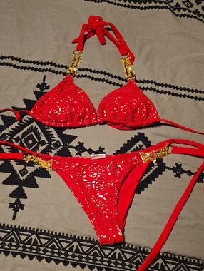 Red Laser-Cut Triangle Bikini with Gold Accents